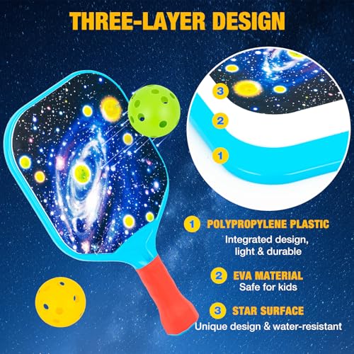 Qrooper Kids Pickleball Paddles Set of 2 Lightweight Design Small Grip for Easy Control Outdoor Indoor Games for Kids Ages 4-12 Beach Yard Lawn Camping Toys for Boys Girls Beginner Basket Stuffers