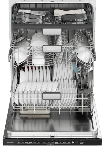 SHARP SDW6757ES Slide-In Dishwasher, Stainless Steel Finish, 24" Wide, Soil Sensors, Premium White LED Interior Lighting, Smooth Glide Rails, Heated Dry Option, Responsive Wash Cycles, Power Wash Zone