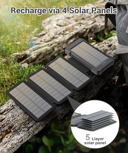 Solar Power Bank 38800mAh with 4 Solar Panels, Portable Charger USB C 18W Fast Charging for iPhone Samsung, IP67 Waterproof Outdoor External Battery Pack with Flashlight/SOS/Strobe (Black, 38800mAh)