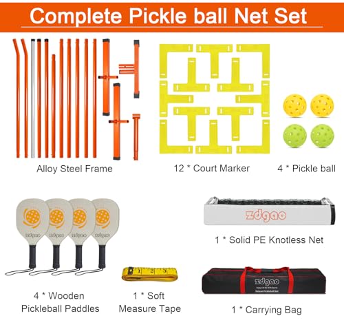 Zdgao Pickleball Set with Net for Driveway, 22 FT Regulation Size Pickleball Net Set with Paddles Set of 4, Outdoor Pickleballs, Court Markers and Carry Bag for Driveway, Backyard, Home