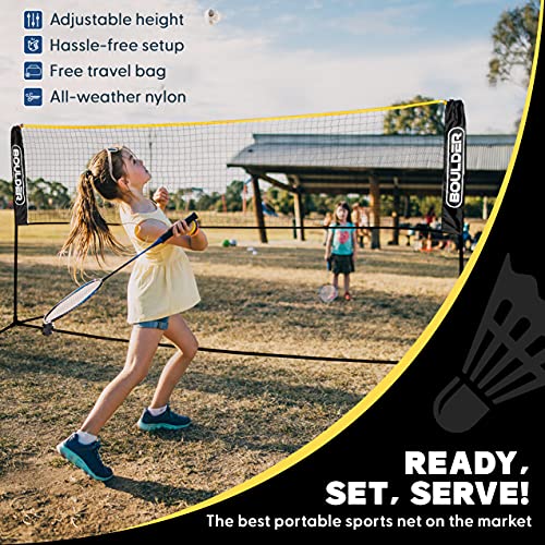 BOULDER Portable Badminton Pickleball Net - Foldable / Extendable Poles for Multiple Sports Heights (UP to 5 ft) - Ideal for Tennis, Pickleball, Soccer Tennis - Easy Setup (Black, 10 FT)