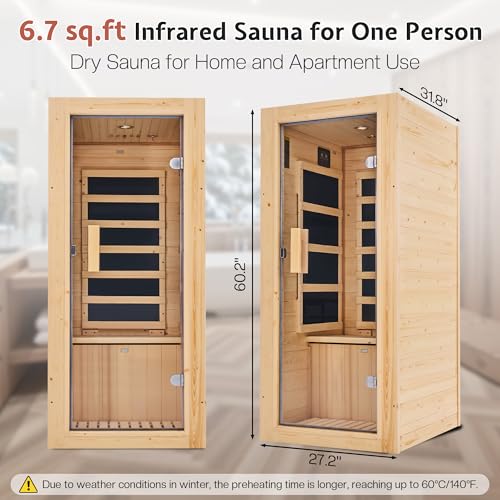 Jocisland 1 Person Infrared Sauna–Low EMF 110V Red Light, Pre-Warms to 149℉ in 20 Minutes,106lbs Lightweight Spruce Wood Infrared saunas,Compact Dry Sauna for Home Spa & Apartments