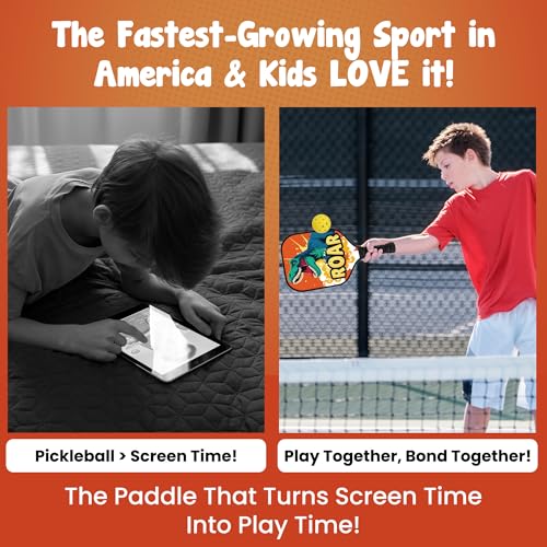 Dany x Kevin Kids Pickleball Paddle – Dinosaur Design for Ages 3–12 | Lightweight Fiberglass (0.37 lbs) | Small Grip for Easy Control | Fun Beginner Gift for Boys, Girls, Toddlers & Youth