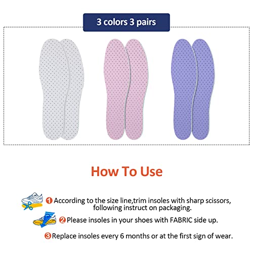 Sintege 3 Pairs Breathable Shoe Insoles Inserts Soft Cushioning Double-Layer Latex Foam Perforated Replacement Insoles for Men 7-11 Woman 2-8(White, Pink, Purple)