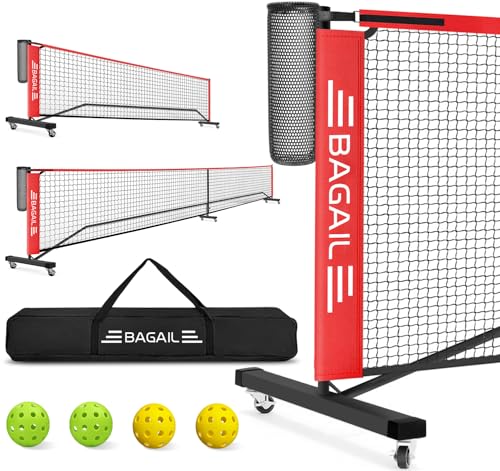 BAGAIL Portable Pickleball Net Set with Wheels, 22 FT Regulation Size & 11 FT Half Court Size 2-in-1 Pickle Ball Net with Ball Collector, Carry Bag, Easy Setup for Outdoor Indoor Driveway - Red
