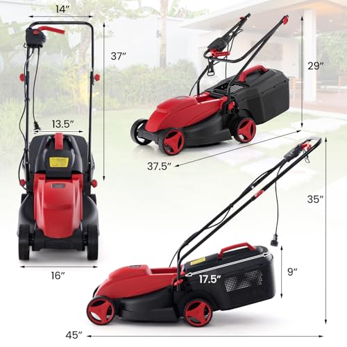 Toolsempire Electric Lawn Mower, 13" Corded Lawnmower with 10 Amp Copper Motor, 6.6-Gallon Grass Collection Box & 3-Position Heights, Push Lawn Mower Electric De-Thatcher for Garden & Farmyard (Red)