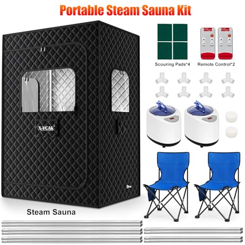 X-Vcak 2 Person Sauna, Extra Large Sauna Box, Portable Steam Sauna Tent with 2 Steamers, 2 Folding Chair, 71”x 49”x 36”, Black