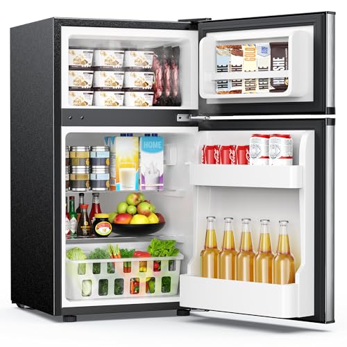 EUHOMY Mini Fridge with Freezer, 3.2 Cu.Ft Mini Refrigerator fridge, 2 door For Bedroom/Dorm/Office/Apartment - Food Storage or Cooling drinks, Silver