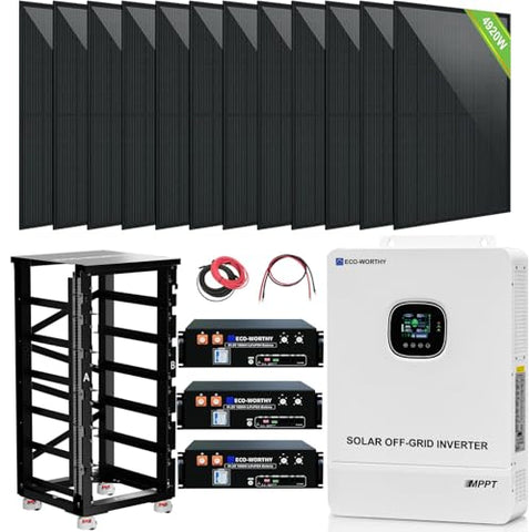 ECO-WORTHY Home Off-Grid Solar Power System: 10KW 120V/240V Output+ 15.36kWh UL1973&UL9540A Certified Lithium Battery (3 * 48V100Ah)+ 4920W Solar Panel (12 * 410W)，Complete Off-Grid Solar Kit