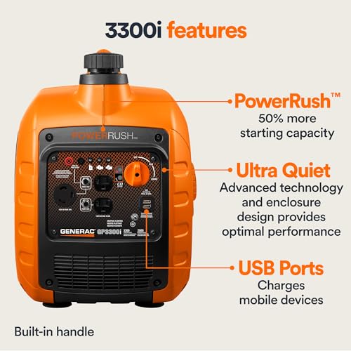 Generac 3,300-Watt Gas Powered Portable Inverter Generator - Lightweight and Compact - USB Ports for Device Charging - Produces Clean, Stable Power - Great for Home Backup, Camping, and RV Use