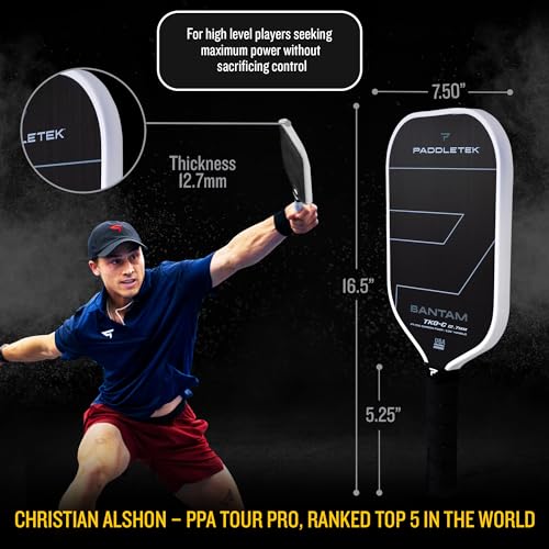 Paddletek Bantam TKO-C 12.7mm Pickleball Paddles with Polymer Honeycomb Core - Unidirectional Carbon Fiber – Torsional Weighting & High Tack Performance Grip - USAPA Approved - 5.25 Inch Handle