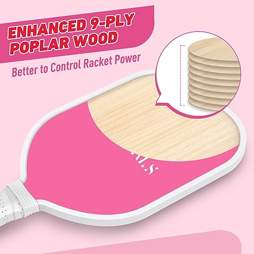 Sprypals Pink Pickleball Paddles, USAPA Approved Pickleball Set of 4 with 4 Pickleball Balls & 1 Carry Bag Premium Wooden Cute Pickle Ball Paddles Rackets Ergonomic Cushion Grip Gifts for Women Youth