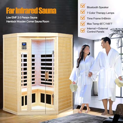 SALUSHEAT Far Infrared Wooden Sauna Room, 2-3 Person Home Sauna Canadian Hemlock Indoor Corner Sauna Spa, 2 Bluetooth Speakers, 2 LED Reading Lamp, 3 Chromotherapy Lights