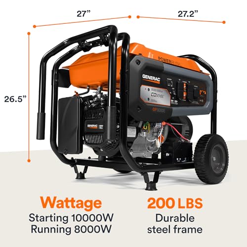 Generac 10,000 Starting Watt Portable Gas Generator - Electric Start - Home Backup or RV Ready - Heavy Duty Frame - Quiet, Long Runtime, Emergency Power - 49-State Compliant