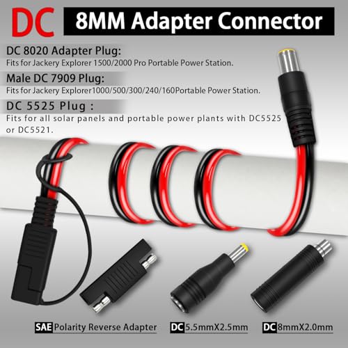 COMeap 6FT 1.8M SAE to DC8mm Male Adapter for Jackery Solar Panel, with Polarity Reverse Adapter DC7909 to DC5525/DC8020 Converter for Explorer/GZ Portable Power Station Solar Generator 14AWG