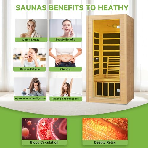 Real Relax Far Infrared Sauna for Home, 1 Person Indoor Home Sauna Low Emf, Canadian Hemlock Wooden Dry Saunas Room with Bluetooth Speakers, 9-Color Light Therapy, 1574w/110v for Personal Spa