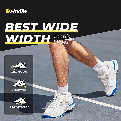 FitVille Men‘s Wide Pickleball Shoes All Court Tennis Shoes with Arch Support for Plantar Fasciitis (White, 10.5 Wide)