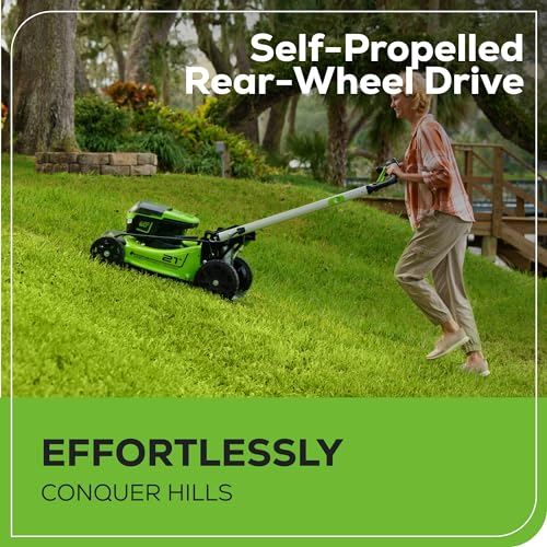 Greenworks 60V 21" Self-Propelled Cordless Lawn Mower, Brushless Motor, LED Lights, Includes 2X 4.0Ah Batteries & Rapid Dual-Port Charger(75+ Tool Compatibility, 45Min Runtime)