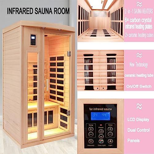 KUNSANA Ceramic Infrared Sauna, 2 Person Infrared Saunas for Home, Hemlock Wood Sauna Room, 2 in 1 Indoor Sauna with Low EMF Heaters + Ceramic Heating Cubes-Chromotherapy-Bluetooth Speaker