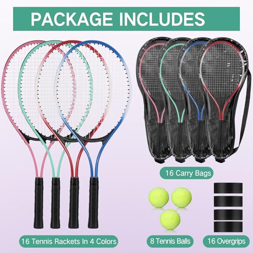 Motionchic 16 Pcs Tennis Rackets for Adult Recreational 8 Players 27" Tennis Racquet Bulk Lightweight Tennis Racket with 8 Tennis Balls for Training Beginners with Overgrips Carry Bag