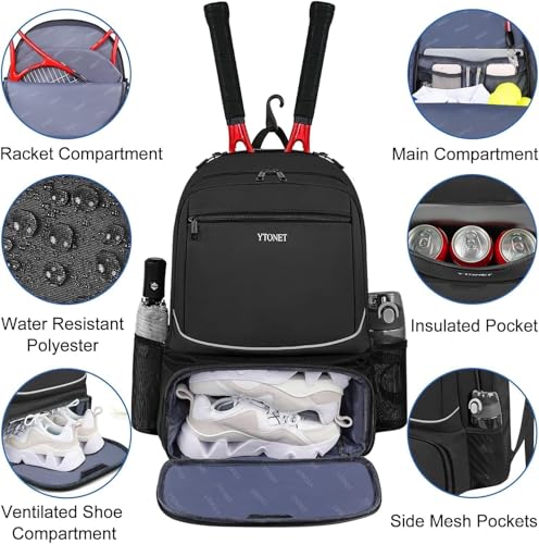 Ytonet Tennis Bag Tennis Backpack for Women Men 2 Rackets with Insulated Pocket Ventilated Shoe Compartment