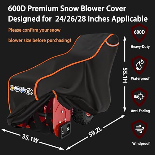 Snow Blower Cover 24/26/28 in Heavy Duty 600D Waterproof Snowblower Cover,Outdoor Snow Thrower Protector,Universal for EGO,PowerSmart,Cub Cadet,Honda,Ryobi,Ariens,Troy Bilt,Snow Joe,Toro