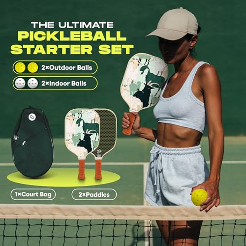 Goat Pickleball Paddles Set of 2, Includes 4 Indoor Outdoor Balls and Travel Bag, Lightweight Durable Fiberglass Pickleball Rackets Set for Men, Women, Beginners (Green)