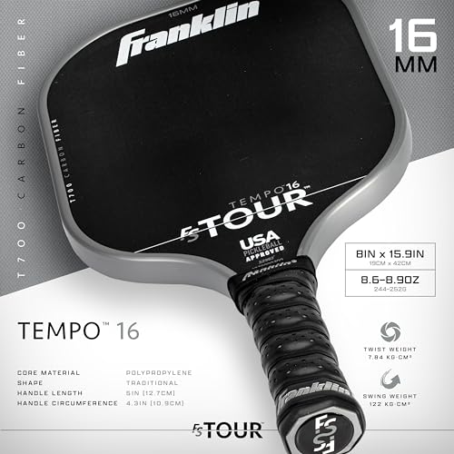 Franklin Sports Pro Pickleball Paddles - FS Tour Series Carbon Fiber Paddles - Official USA Pickleball (USAPA) Approved Racket - Tempo Pro Player - 16mm Polymer Core - Gray