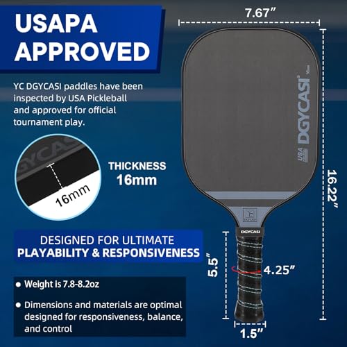 YC DGYCASI 16mm Pickleball Paddles Professional, 2026 USAPA Approved T700 Carbon Fiber Surface Pickle Paddle(CFS), Polypropylene Lightweight Honeycomb Core, Cushion Comfort Grip, with Cover Case Black