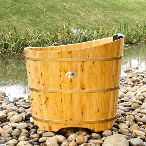 JRYTIN 34 Inches Small Handcrafted Free Standing Wooden Bathtub, Portable Deep Soaking Tub for Relaxation, Natural Cedar Wood, Ideal for Home Spas and Bathroom Renovations, Perfect Hot Tub Option