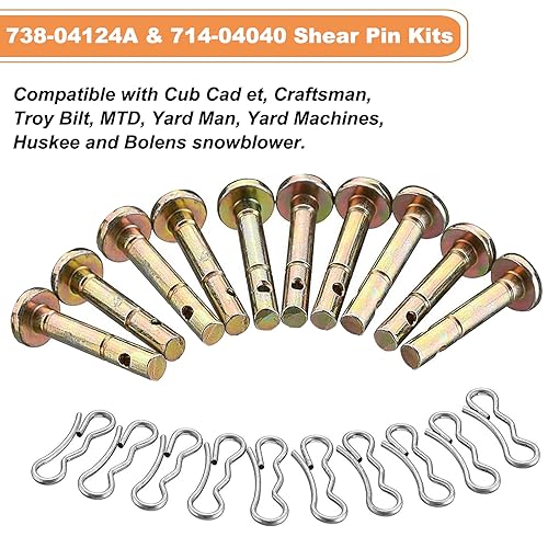 Qloby 10 Pack Upgraded Shear Pins and Cotter Pins for Snowblower, 738-04124A and 714-04040 Replacement Shear Pin Kits Compatible with MTD Craftsman Cub Cad Troy Bilt SnowBlowers