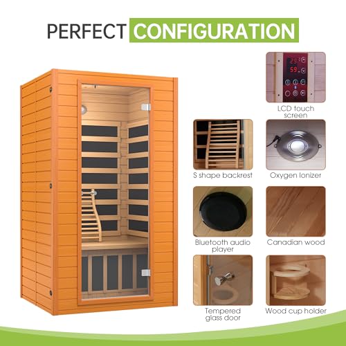 Real Relax Infrared Sauna for Home, Home Infrared Saunas up to 1-2 Persons, Canadian Hemlock Wooden Indoor Dry Sauna Room with Low Emf Red Light Therapy, 9-Color Chromotherapy Lights