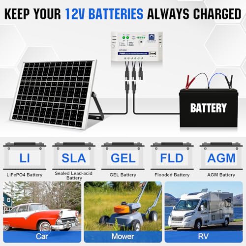 ECO-WORTHY 25 Watts 12V Off Grid Solar Battery Charger Kit: Waterproof Solar Panel + Adjustable Mount Bracket + SAE Connection Cable +10A Charge Controller for Car RV Marine Boat 12V Battery