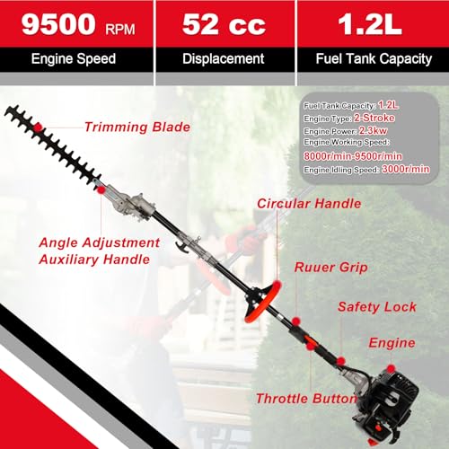 6-in-1 Gas Weed Wacker with Hedge Trimmer, 52CC 2-Stroke String Trimmer/Weed Trimmer/Brush Cutter/Edger, Weed Eater Gas Powered with Extension Pole – Weed Trimmer for Lawn & Garden Care, Orange