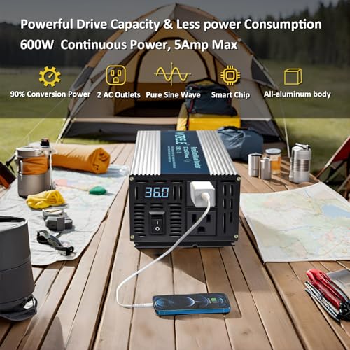 WZRELB 600W Pure Sine Wave Inverter 36V DC to 110V 120V AC Power Converter with LED Display, Off-Grid Portable Power Inverter with 2 AC Outlets for Home, RV, Truck, Camping