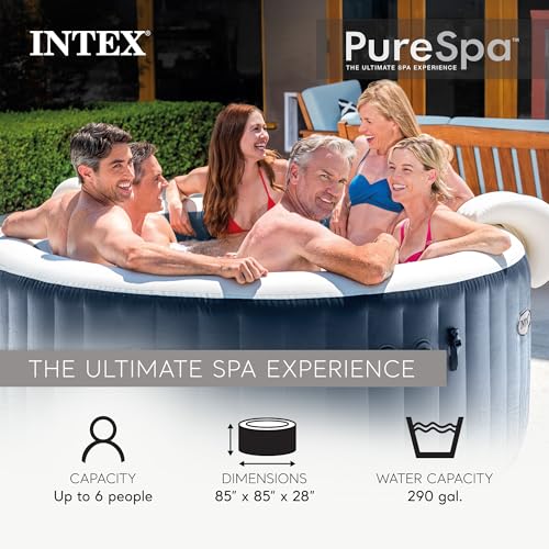 INTEX 28431EP PureSpa Plus Bubble Massage Inflatable Spa Set: Includes Energy Efficient Spa Cover –2 Headrests – LED Light – 6 Person Capacity – 85" x 28"
