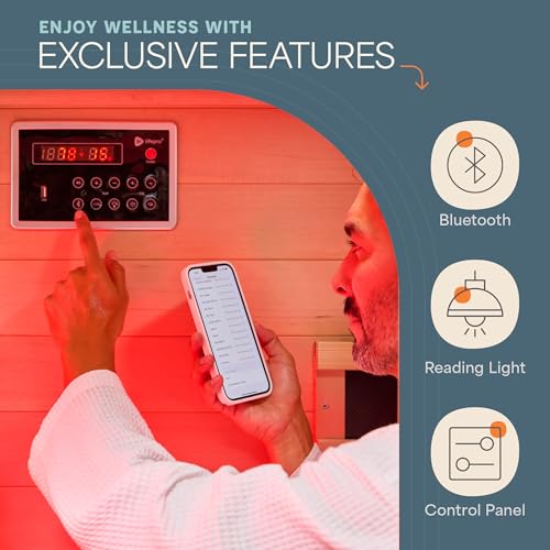 LifePro Rejuvacure Cozy Far Infrared Sauna with Red Light Therapy – 1 Person Home Sauna, 7 Carbon Fiber Heaters, Canadian Hemlock, Bluetooth & Chromotherapy – Indoor Relaxation & Wellness