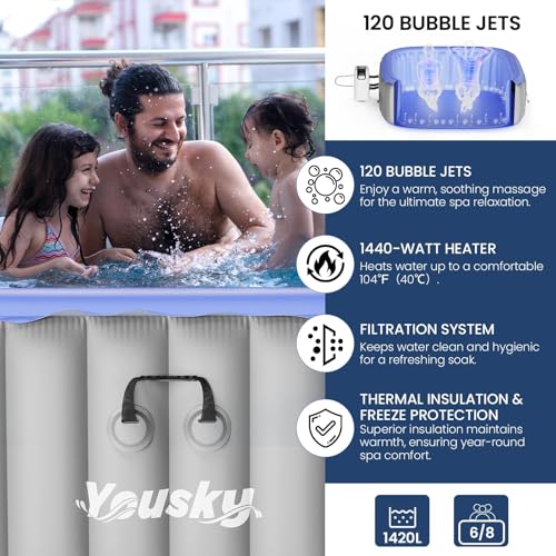 Inflatable Hot Tub 6-8 Person – Portable with 120 Bubble Jets, 104℉ Heating & Filtration System, Durable PVC Material, Hot Tub Cover, 83" L x 83" W x 26" H, Easy Set-Up for Outdoor and Indoor