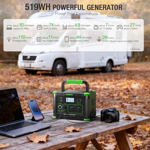 500W Portable Power Station, 519Wh Outdoor Solar Generator Backup Battery Pack with 2 110V AC Outlets, 500W (Peak 1000W) 10-Port Powerhouse for RV/Van Camping Fishing Climbing Road Trip Home Emergency