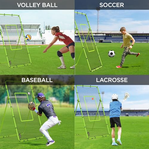 Volleyball Rebounder Net Lacrosse Rebounder Bounce Back Equipment with 5 Adjustable Rebound Angles Ground Stakes Neon Strap for Lacrosse Training and Volley Ball Practice 7x4 ft Color Green