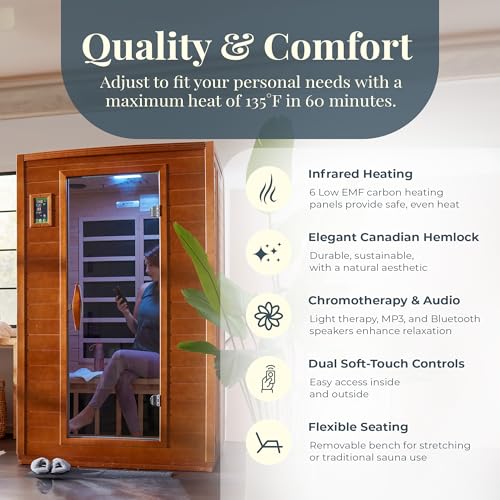 DYNAMIC SAUNAS Andora 2-Person Low EMF FAR Infrared Sauna with Red Light Therapy & Bluetooth Speakers | Personal Indoor Dry Heat Sauna for Home & Gym – Made from Canadian Hemlock
