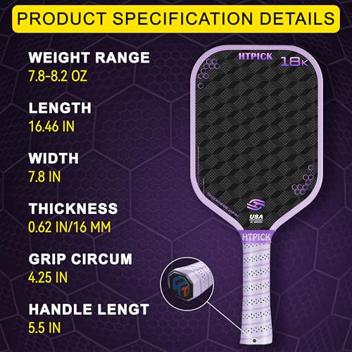 Pickleball Paddles, 18K Raw Carbon Fiber Pickleball Paddle High Grit & Spin with PP Honeycomb Core 16mm Thickness and Thermoformed Elongated Shape, Increased Power for Ultimate Spin & Consistency
