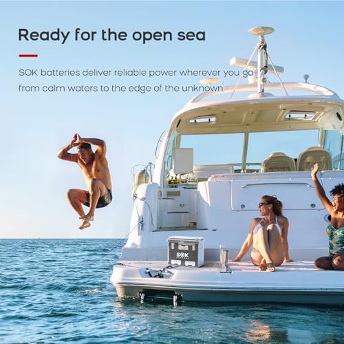 SOK Battery 12V 100Ah LiFePO4 Lithium Battery Marine Battery IP65 Waterproof Transparent Case, Built-in Smart BMS with Bluetooth, 4000-8000 Cycles for RV, Marine, Trolling Motor, Off-Grid (2Pack)