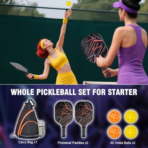 Pickleball Paddles Set of 2 with 4 Indoor/Outdoor Balls & Backpack - Lightweight Fiberglass Surface, Polypropylene Honeycomb Core for Enhanced Control and Power