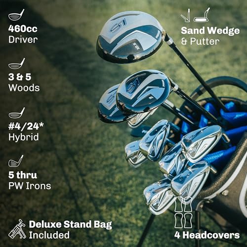 Precise S7 Complete Golf Club Set for Men - Right Handed Tall Mens Golf Clubs Full Set w/Driver, Woods, Hybrid, Irons, Putter, Wedge, Stand Bag & Headcovers - Beginner Friendly Package - Black/Red
