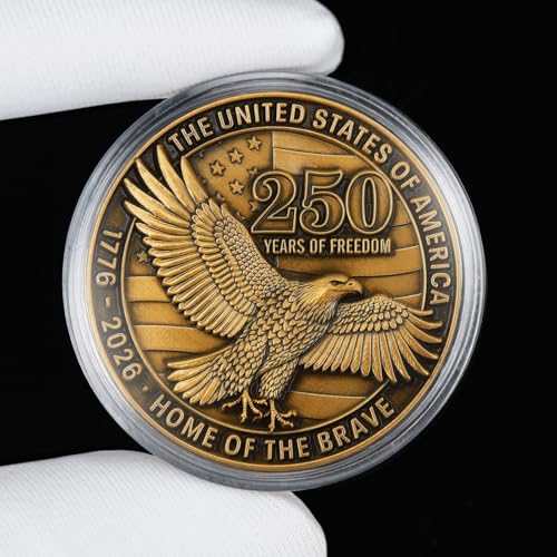 USA 250th Anniversary Challenge Coin – Gold Color Bald Eagle & Liberty Design, 1776–2026 250 Years of Freedom Collectible Coin, Heavyweight Zinc Alloy with Clear Acrylic Case, 1 Pack