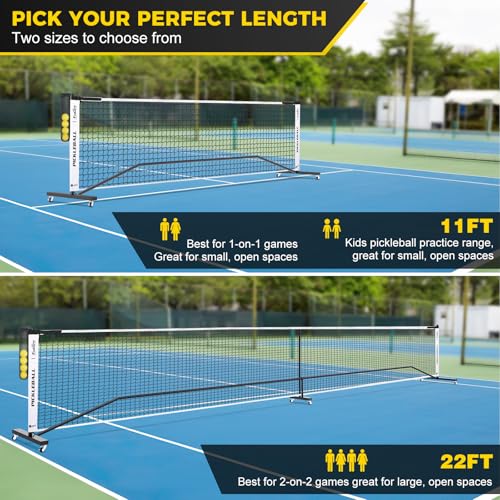Pickleball Net with Wheels, Portable 2-in-1 Pickle Ball Net with Ball Collector,22FT Regulation Size & 11FT Half Court Size, Carry Bag, Steady Metal Frame for Outdoor Indoor Driveway (Black&White)