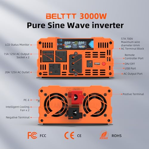 BELTTT 3000W Pure Sine Wave Inverter 12V DC to 120V AC for RV, Truck, Off-Grid, Home, Solar Car Power Inverter with Dual AC, 20A Socket, 5V 2.1A USB, Hardwire Port, Remote Controller 23Ft Cable