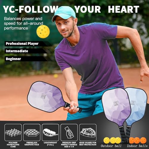 YC DGYCASI Pickleball Paddles Set of 4, USAPA Approved Pickleball Set, Fiberglass Pickle Ball Rackets, 3 Outdoor Pickleball, 3 Indoor Balls, 4 Pickleball Overgrip, 1 Bag for Women and Men