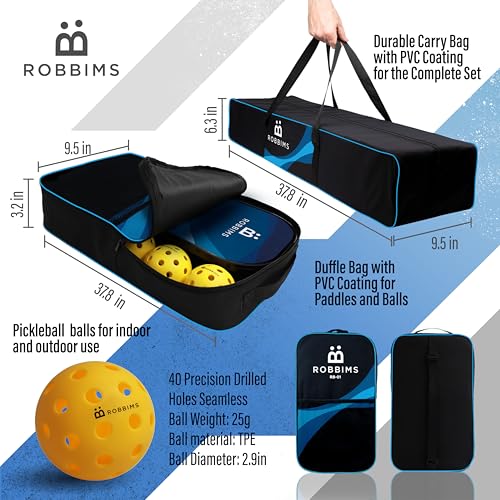 Pickleball Set with Net | 4 USA Pickleball Approved Carbon Fiber Paddles, Portable Regulation Size Net Set, 8 Outdoor Balls, Duffle Bag & Carry Bag - ROBBIMS